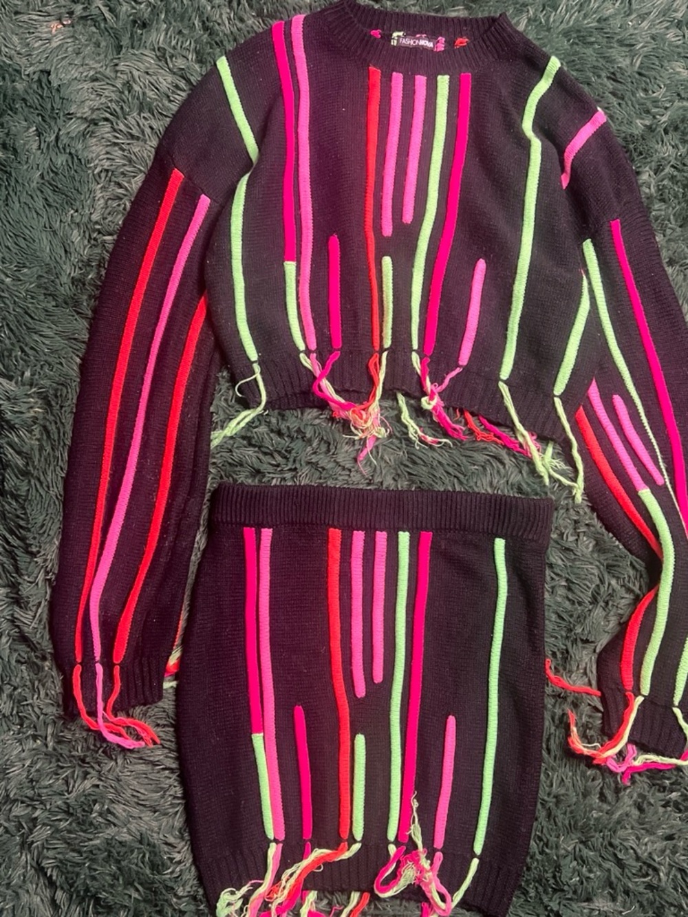 NWT Women’s Neon Stripe Knit sweater and Skirt Set - Black with Pink & Green